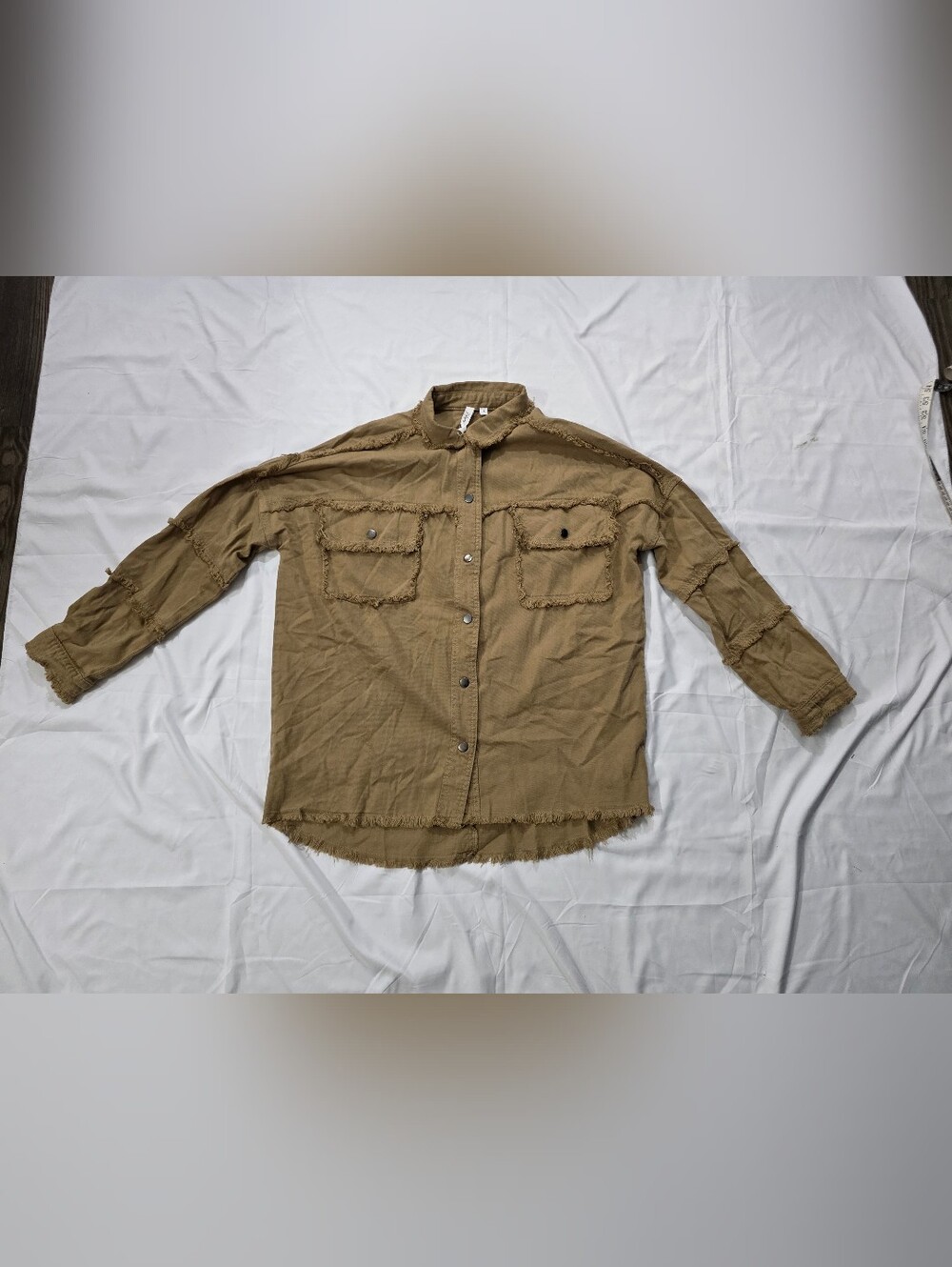 ELAN Womens Oversized Rock and Roll Fringe Off Khaki Shirt Jacket